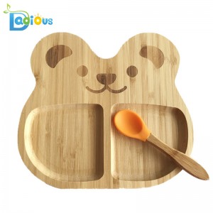 Еко-приятелски многократна употреба Евтини бамбукови детски чинии Малки деца бамбукови лъжици силиконов всмукване дървени бебешка чиния